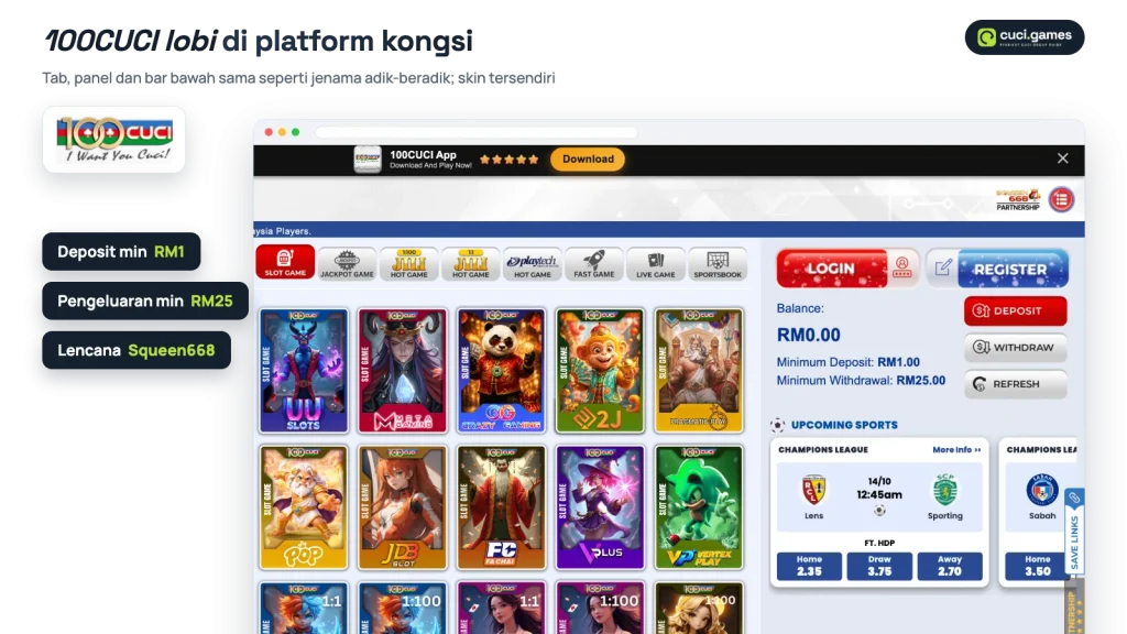 Lobi 100CUCI di platform kongsi Syarikat Cuci dengan tab kategori dan panel baki: deposit minimum RM1, pengeluaran minimum RM25