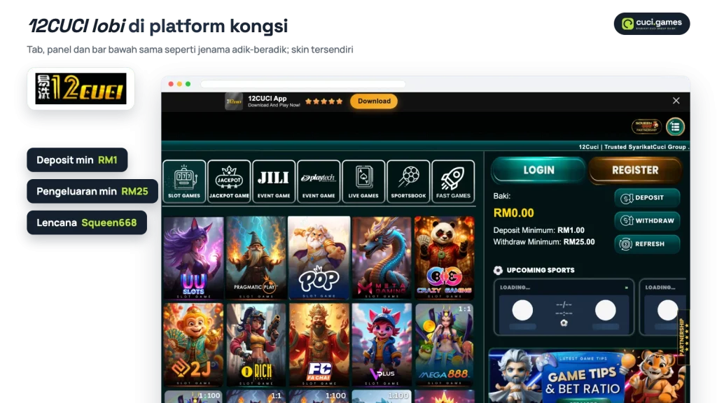 Lobi 12CUCI di platform kongsi Syarikat Cuci dengan tab kategori dan panel baki: deposit minimum RM1, pengeluaran minimum RM25
