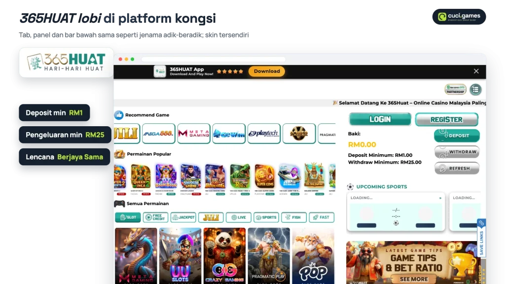 Lobi 365HUAT di platform kongsi Syarikat Cuci dengan tab kategori dan panel baki: deposit minimum RM1, pengeluaran minimum RM25