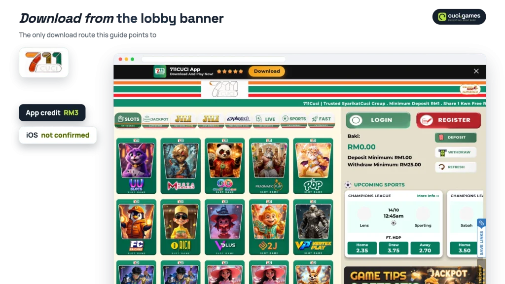 711CUCI app download banner at the top of the lobby with the RM3 Download App Free credit