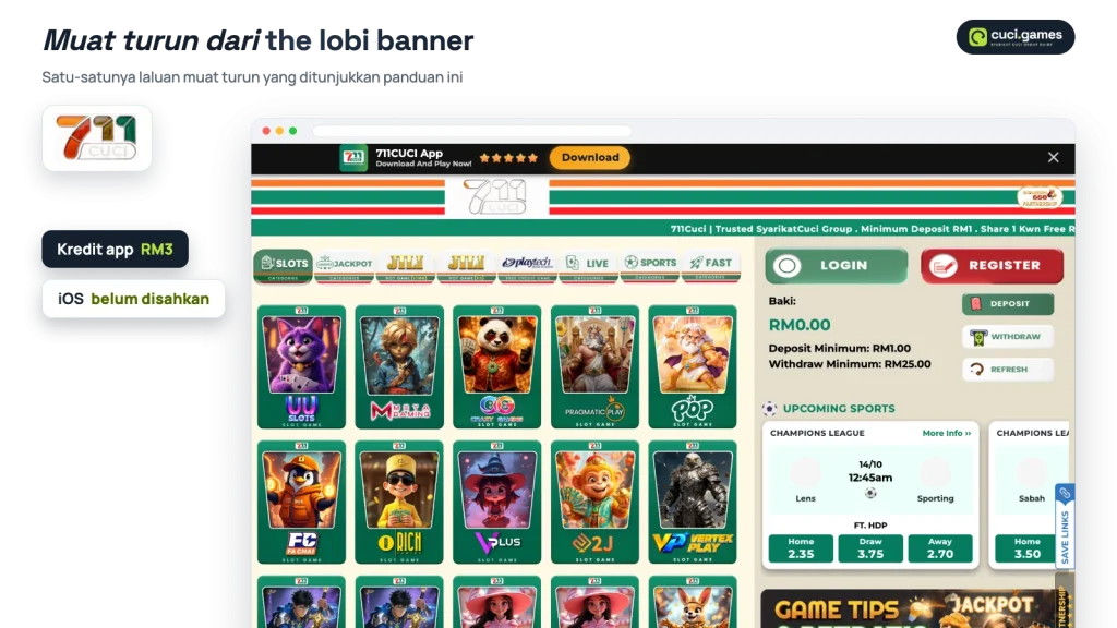 Banner muat turun app 711CUCI di bahagian atas lobi dengan kredit Download App Free RM3