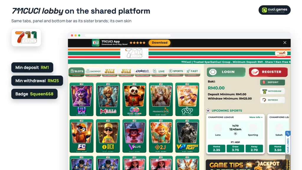 711CUCI lobby on the shared Syarikat Cuci platform with category tabs, balance panel showing RM1 minimum deposit and RM25 minimum withdrawal