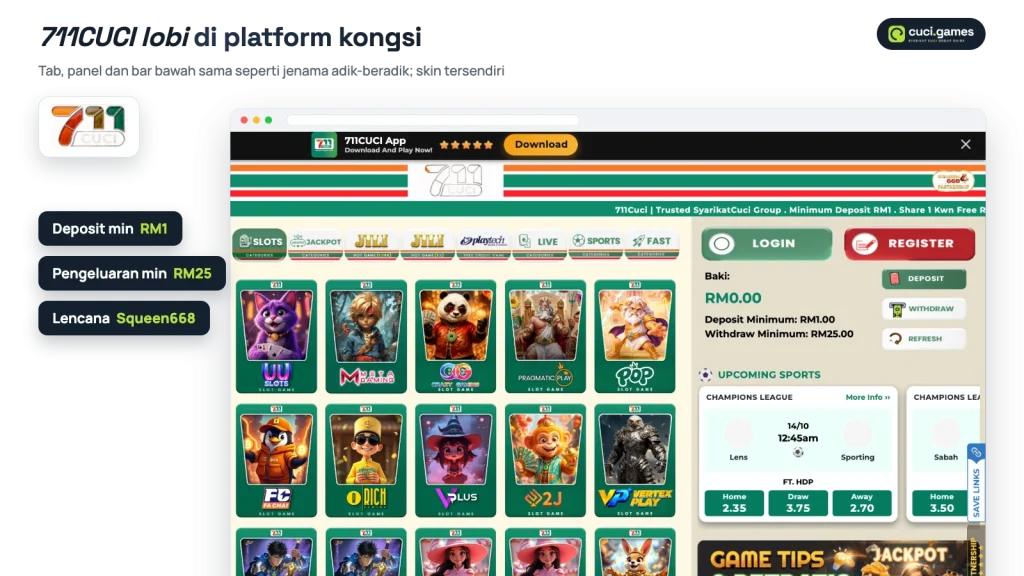 Lobi 711CUCI di platform kongsi Syarikat Cuci dengan tab kategori dan panel baki: deposit minimum RM1, pengeluaran minimum RM25