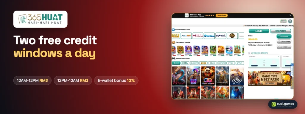 365HUAT lobby with two RM3 free credit windows a day and a 12% e-wallet bonus