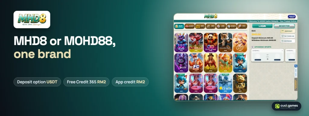 MHD8, also MOHD88, lobby with USDT deposit option, RM2 Free Credit 365 and RM2 app credit