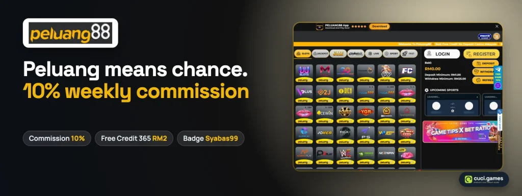 PELUANG88 black and gold lobby with 10% weekly commission, RM2 Free Credit 365 and Syabas99 badge