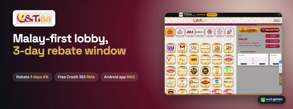 SITI88 Malay-first lobby with a 3-day 6% rebate, RM4 Free Credit 365 and RM2 Android app credit