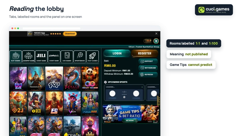 Shared cuci lobby with category tabs and Mega H5 and Kiss H5 tiles labelled 1:1 and 1:100