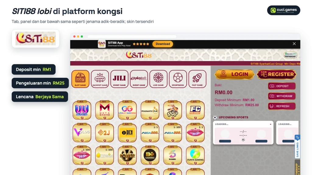 Lobi SITI88 di platform kongsi Syarikat Cuci dengan tab kategori dan panel baki: deposit minimum RM1, pengeluaran minimum RM25